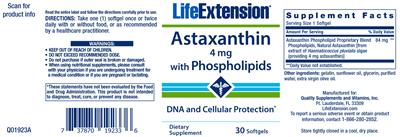Photo of the Life Extension Astaxanthin 4 mg With Phospholipids label