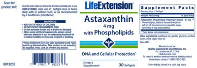 Photo of the Life Extension Astaxanthin 4 mg With Phospholipids label