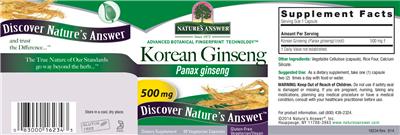 Photo of the Nature's Answer Korean Ginseng 500 mg label