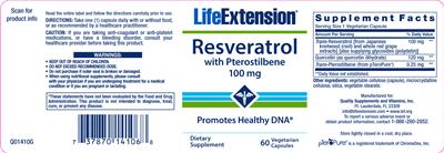 Photo of the Life Extension Resveratrol With Pterostilbene 100 mg label