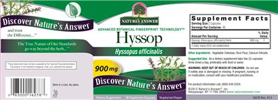 Photo of the Nature's Answer Hyssop 900 mg label