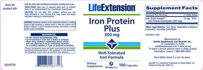 Photo of the Life Extension Iron Protein Plus 300 mg label