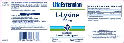 Photo of the Life Extension L-Lysine 620 mg label