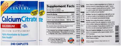 Photo of the 21st Century Calcium Citrate +D3 Maximum label