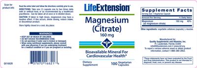 Photo of the Life Extension Magnesium (Citrate) 160 mg label