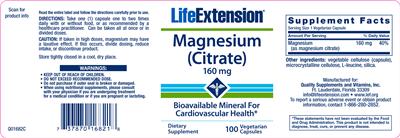 Photo of the Life Extension Magnesium (Citrate) 160 mg label