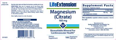 Photo of the Life Extension Magnesium (Citrate) 160 mg label