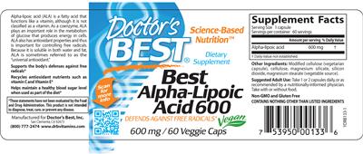 Photo of the Doctor's Best Best Alpha-Lipoic Acid 600 label