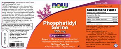Photo of the NOW Phosphatidyl Serine 100 mg label