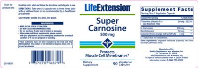 Photo of the Life Extension Super Carnosine 500 mg label