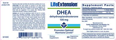 Photo of the Life Extension DHEA Dehydroepiandrosterone 100 mg label