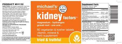 Photo of the Michael's Naturopathic Programs Kidney Factors label