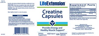 Photo of the Life Extension Creatine Capsules label