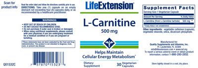 Photo of the Life Extension L-Carnitine 500 mg label