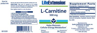 Photo of the Life Extension L-Carnitine 500 mg label