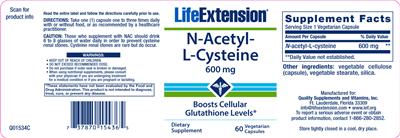 Photo of the Life Extension N-Acetyl-L-Cysteine 600 mg label