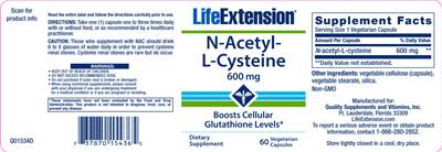 Photo of the Life Extension N-Acetyl-L-Cysteine 600 mg label