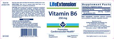 Photo of the Life Extension Vitamin B6 250 mg label