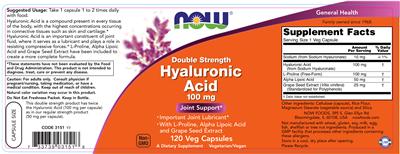 Photo of the NOW Double Strength Hyaluronic Acid 100 mg label