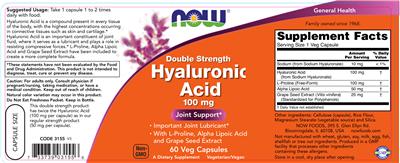 Photo of the NOW Double Strength Hyaluronic Acid 100 mg label