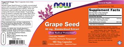 Photo of the NOW Grape Seed 60 mg - Standardized Extract label