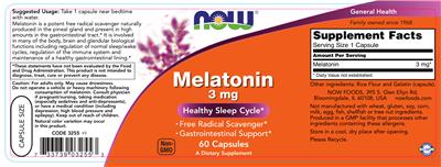 Photo of the NOW Melatonin 3 mg label