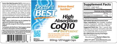 Photo of the Doctor's Best High Absorption CoQ10 100 mg with BioPerine label
