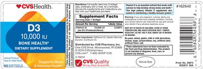 Photo of the CVS Health D3 10,000 IU label