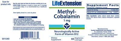 Photo of the Life Extension Methyl-Cobalamin 1 mg label