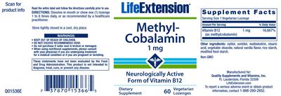 Photo of the Life Extension Methyl-Cobalamin 1 mg label
