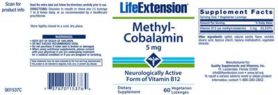 Photo of the Life Extension Methyl-Cobalamin 5 mg label