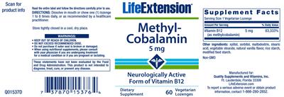 Photo of the Life Extension Methyl-Cobalamin 5 mg label