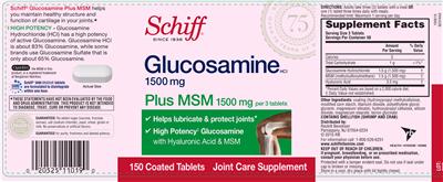 Photo of the Schiff Glucosamine HCl 1500 mg Plus MSM 1500 mg label