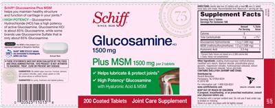 Photo of the Schiff Glucosamine HCl 1500 mg Plus MSM 1500 mg label