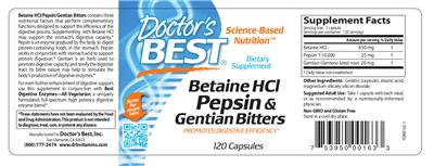 Photo of the Doctor's Best Betaine HCl Pepsin & Gentian Bitters label