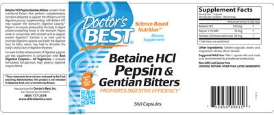 Photo of the Doctor's Best Betaine HCl Pepsine & Gentian Bitters label