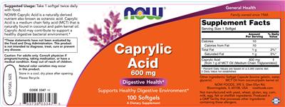 Photo of the NOW Caprylic Acid 600 mg label