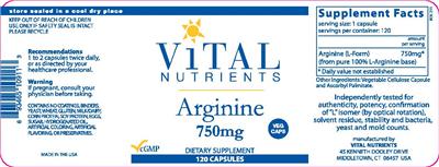 Photo of the Vital Nutrients Arginine label