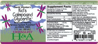Photo of the Herbalist & Alchemist David Winston's Kid's Calmpound Glycerite label