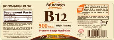 Photo of the Sundown Naturals B12 500 mcg label