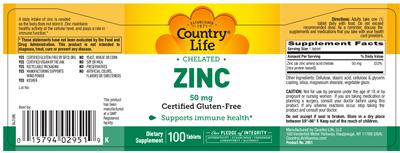 Photo of the Country Life Chelated Zinc 50 mg label