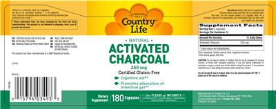 Photo of the Country Life Natural Activated Charcoal 260 mg label