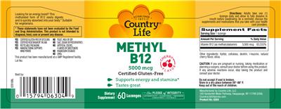 Photo of the Country Life Methyl B12 Cherry Flavor 5000 mcg label