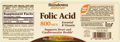 Photo of the Sundown Naturals Folic Acid 800 mcg label