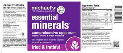 Photo of the Michael's Naturopathic Programs Essential Minerals label