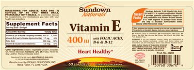 Photo of the Sundown Naturals Vitamin E 400 IU label