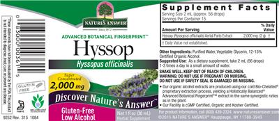 Photo of the Nature's Answer Hyssop 2,000 mg label
