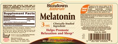 Photo of the Sundown Naturals Melatonin 3 mg label