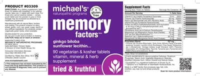 Photo of the Michael's Naturopathic Programs Memory Factors label