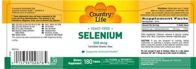 Photo of the Country Life Yeast-Free Selenium 100 mcg label